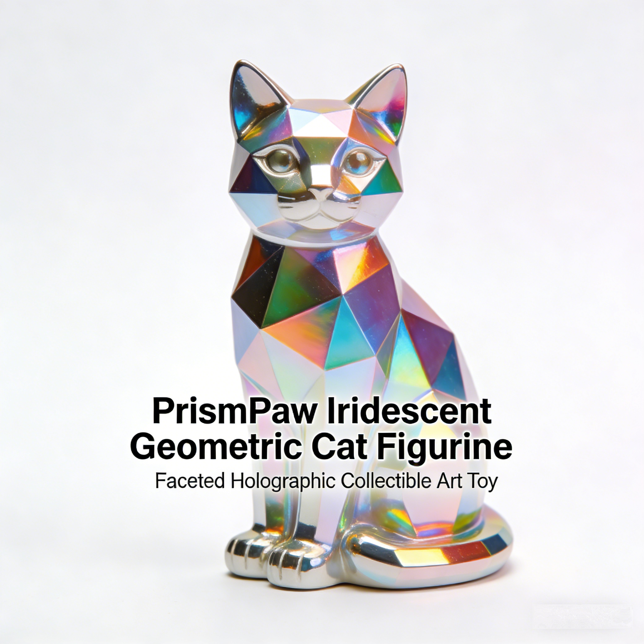 PrismPaw V2 Iridescent Geo-Cat Figurine | Hand-Finished Holographic Polygon Art Toy (Exclusive Non-Self-Service Prototype Edition)