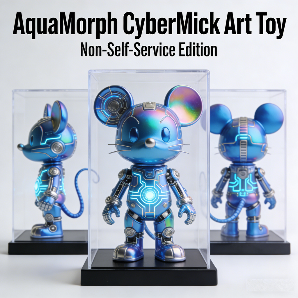 AquaMorph CyberMick V2 Art Toy | Iridescent Chameleon Cybernetic Mouse Collectible with Premium Acrylic Display Case (Non-Self-Service Prototype Edition)