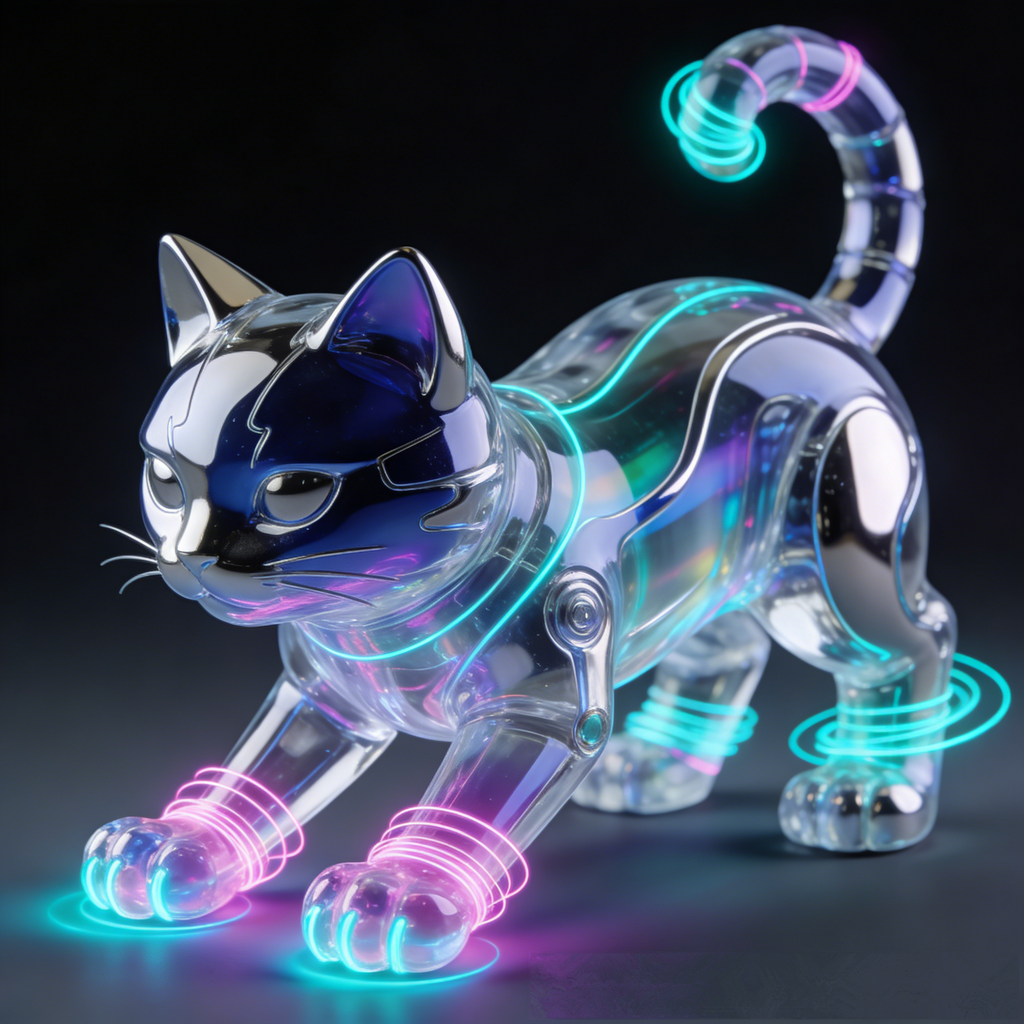 AetherWave CyberCat V2 Art Toy | Transparent Cybernetic Feline with Internal RGB Light Trails (Non-Sale Prototype Edition)