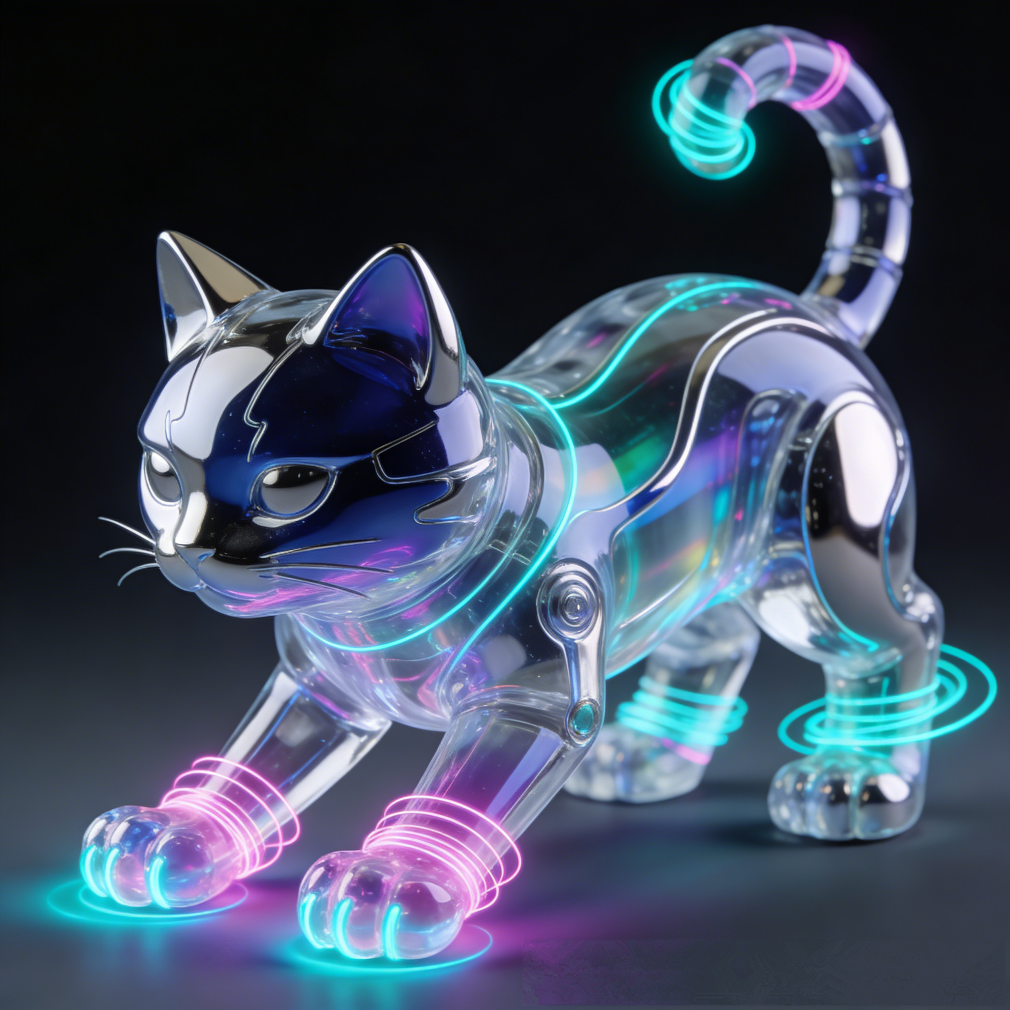 AetherWave CyberCat V2 Art Toy | Transparent Cybernetic Feline with Internal RGB Light Trails (Non-Sale Prototype Edition)