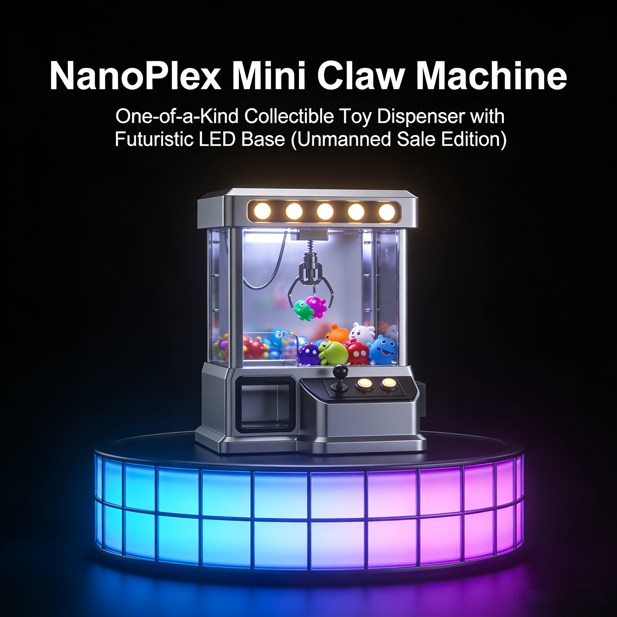 NanoPlex Mini Claw Machine | One-of-a-Kind Collectible Toy Dispenser with Futuristic RGB LED Base (Unmanned Sale Edition)
