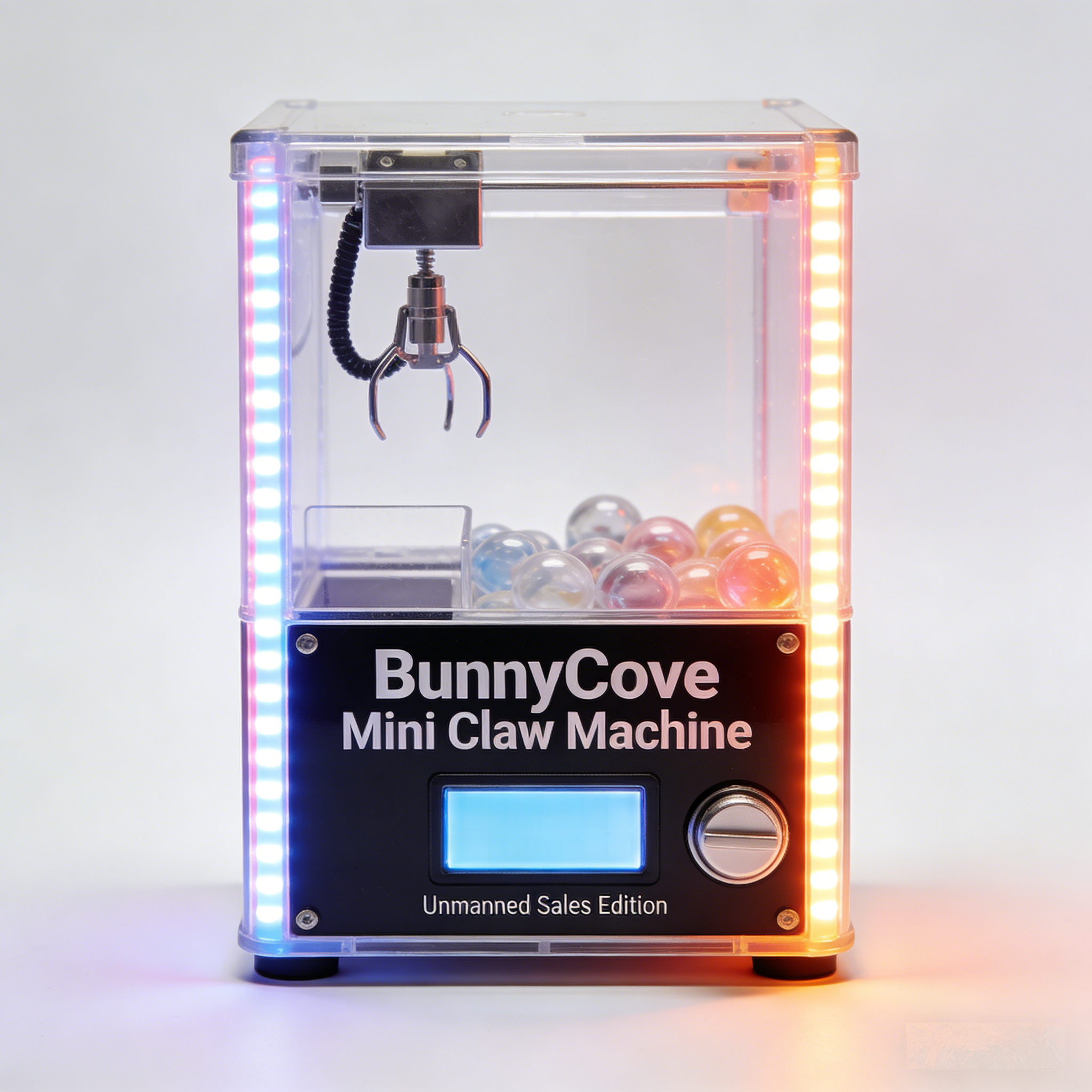 BunnyCove Pro X1 Mini Claw Machine | Transparent Acrylic Desktop Arcade with RGB Light Strip & Digital Control Knob (Unmanned Sales Prototype Edition)