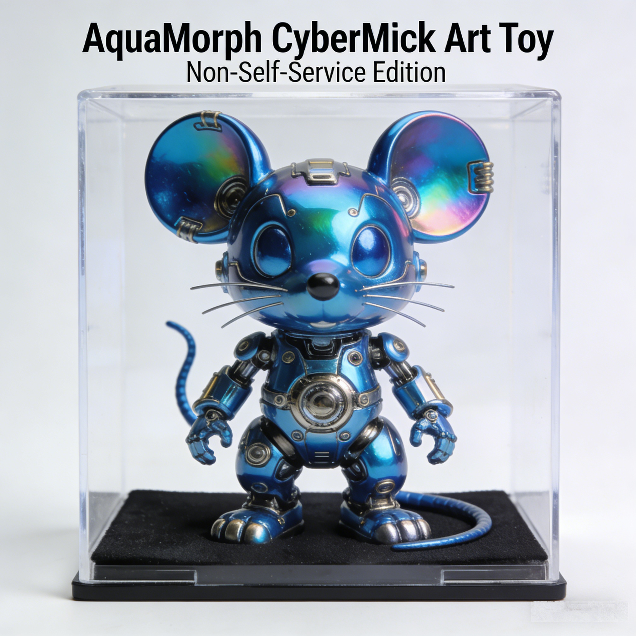 AquaMorph CyberMick V2 Art Toy | Iridescent Chameleon Cybernetic Mouse Collectible with Premium Acrylic Display Case (Non-Self-Service Prototype Edition)