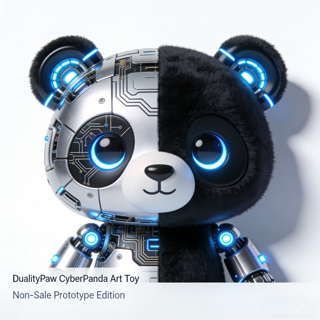 DualityPaw Prime CyberPanda Art Toy | Bi-Chrome Cybernetic Collectible with Synchro-Glow LED Accents (Non-Sale Prototype Edition)
