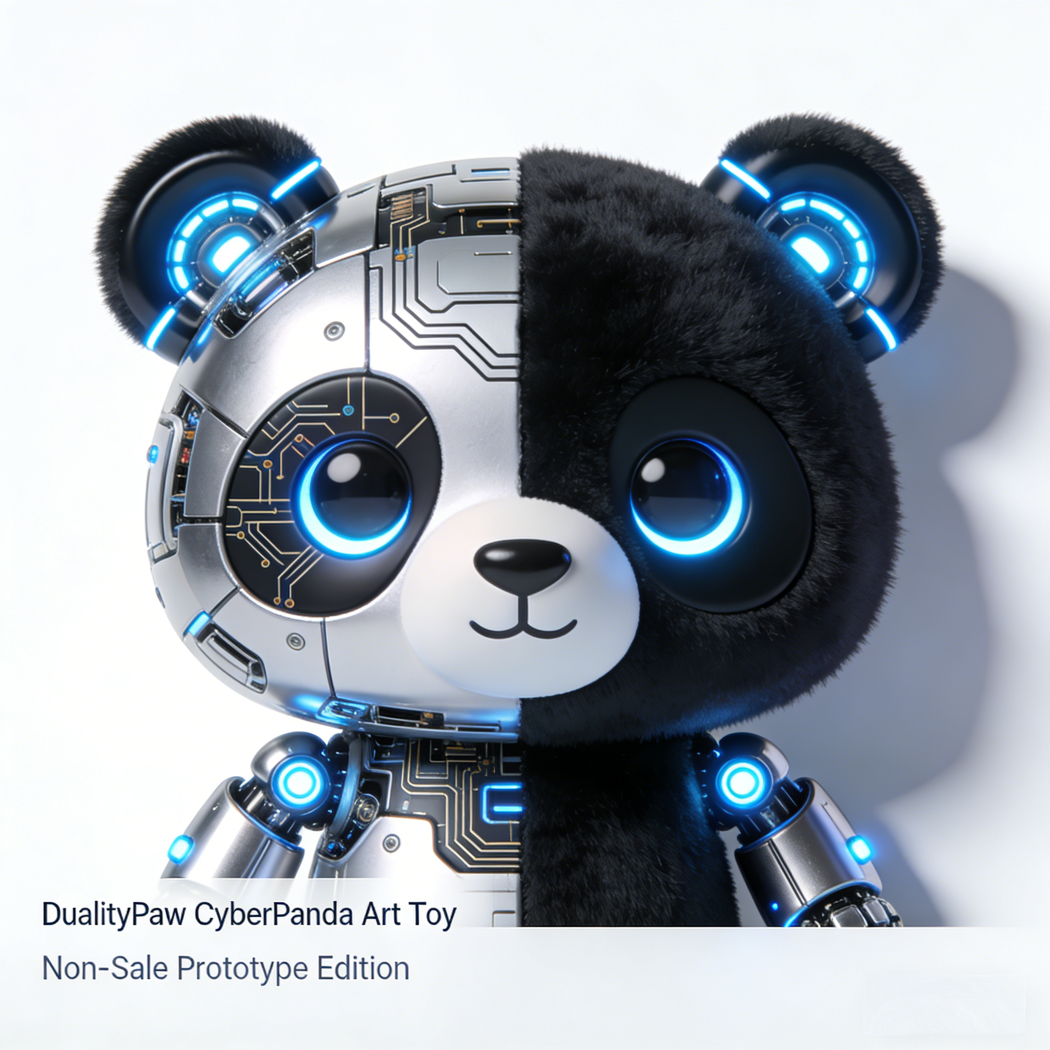 DualityPaw Prime CyberPanda Art Toy | Bi-Chrome Cybernetic Collectible with Synchro-Glow LED Accents (Non-Sale Prototype Edition)