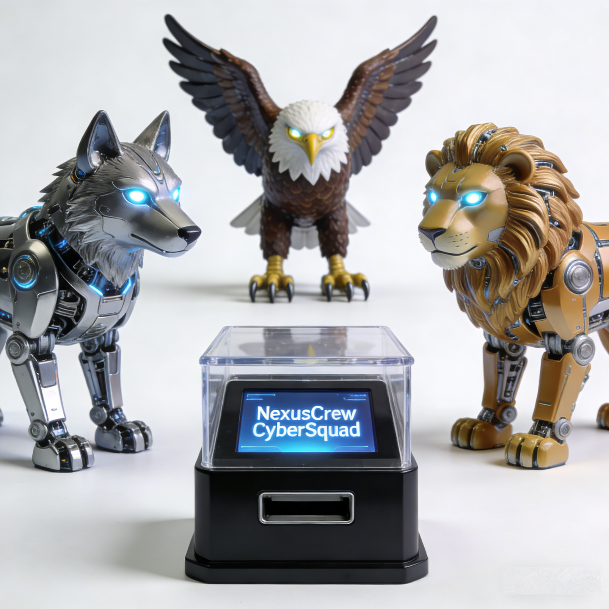 NexusCrew CyberSquad Triad Art Toy Set | Eagle, Wolf & Lion Cybernetic Collectible Bundle with Smart LED Display Pedestal (Non-Sale Prototype Collection)