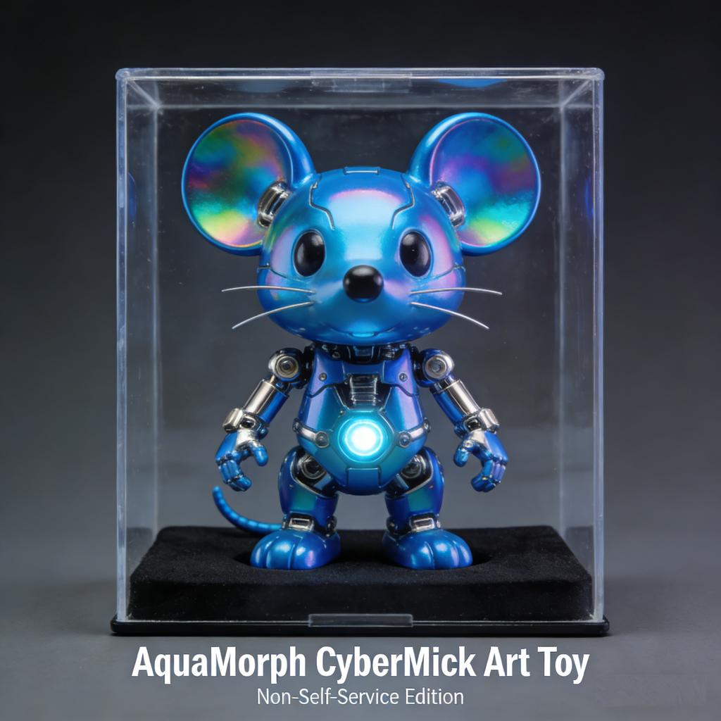 AquaMorph CyberMick V2 Art Toy | Iridescent Chameleon Cybernetic Mouse Collectible with Premium Acrylic Display Case (Non-Self-Service Prototype Edition)