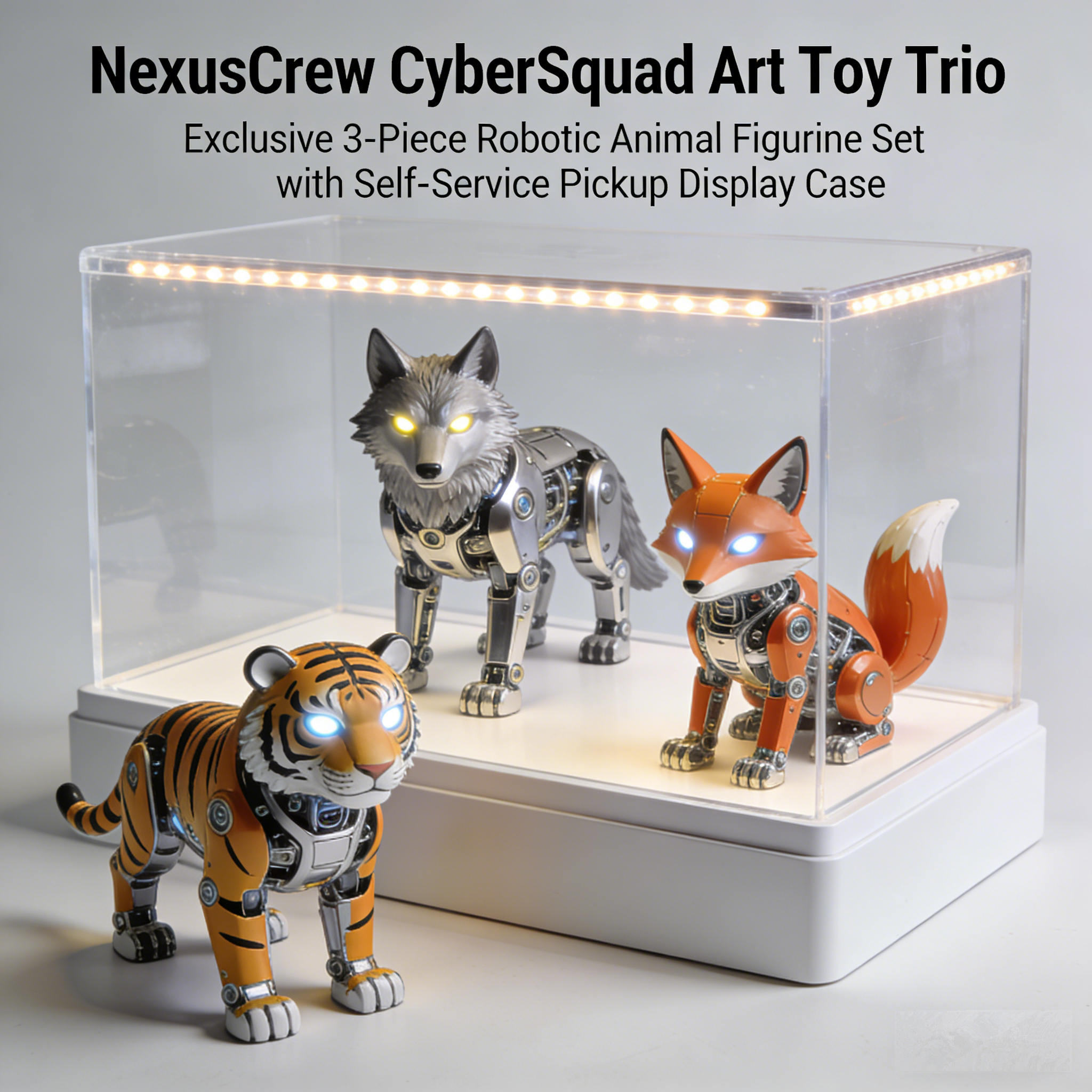 NexusCrew CyberSquad Triad Art Toy Set | Eagle, Wolf & Lion Cybernetic Collectible Bundle with Smart LED Display Pedestal (Non-Sale Prototype Collection)