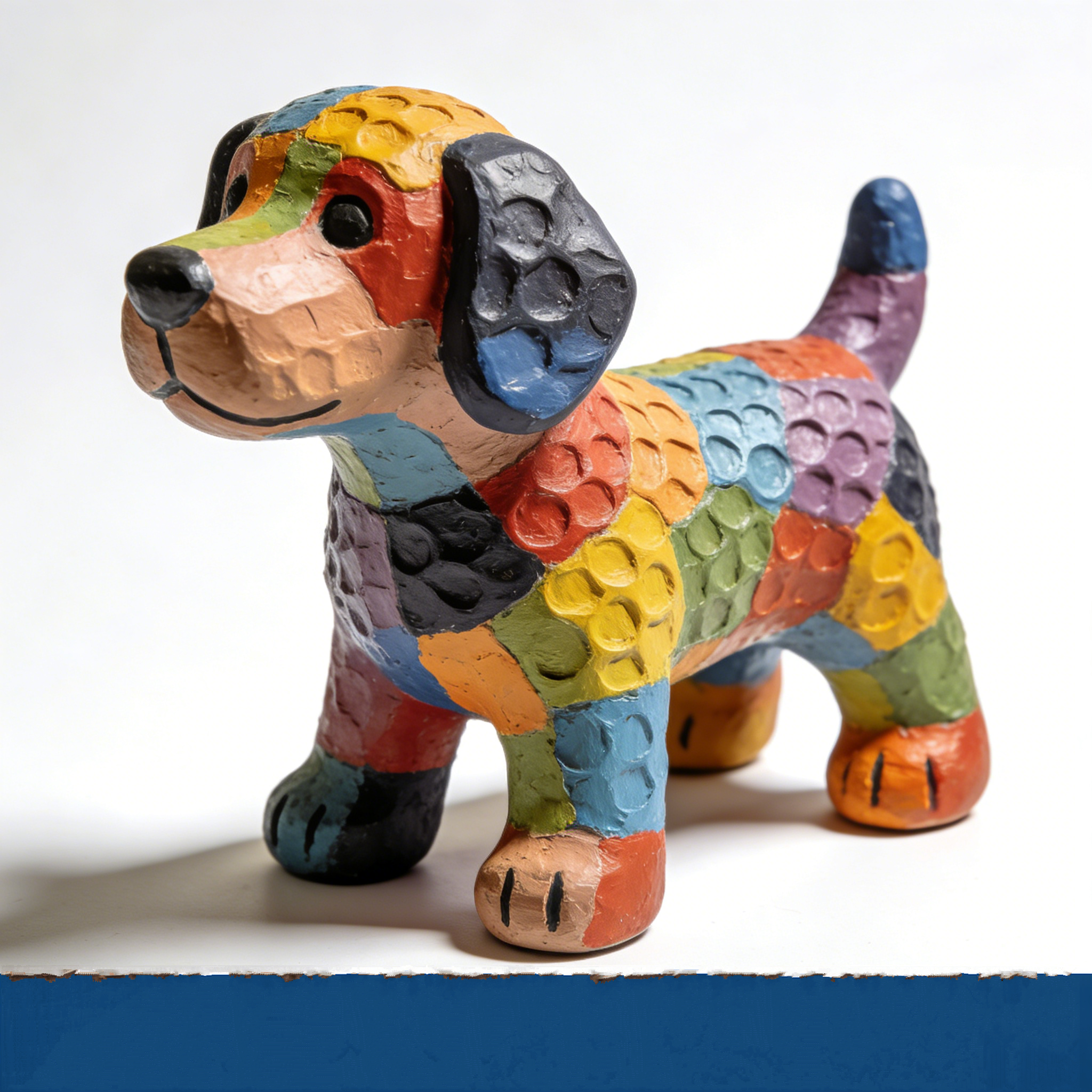 PatchPup V2 Folk-Art Dachshund Figurine | Hand-Carved Multicolor Patchwork Dog Sculpture with Textured Relief (Non-Sale Prototype Edition)
