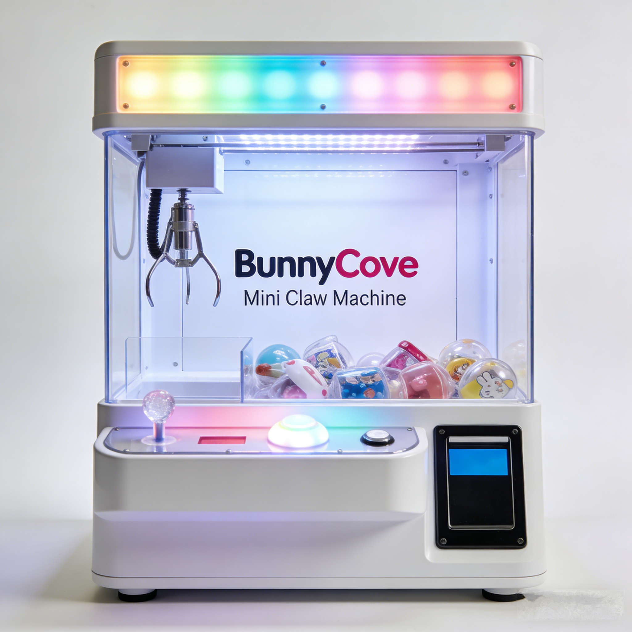 BunnyCove Pro X1 Mini Claw Machine | Transparent Acrylic Desktop Arcade with RGB Light Strip & Digital Control Knob (Unmanned Sales Prototype Edition)